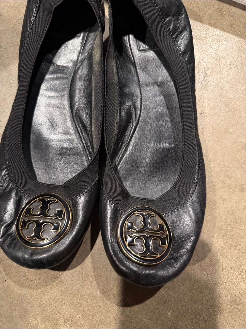 Tory Burch Black Leather Logo Ballet Flats with Gold Emblem